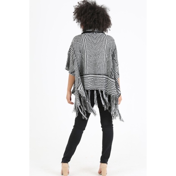 ANGIE Black & White Cowl Neck Poncho with Fringe - Picture 6 of 7